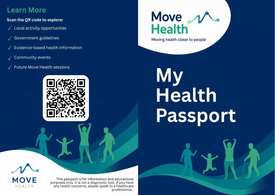 Cover of the Move Health My Health Passport, with a QR code and illustrated people being active