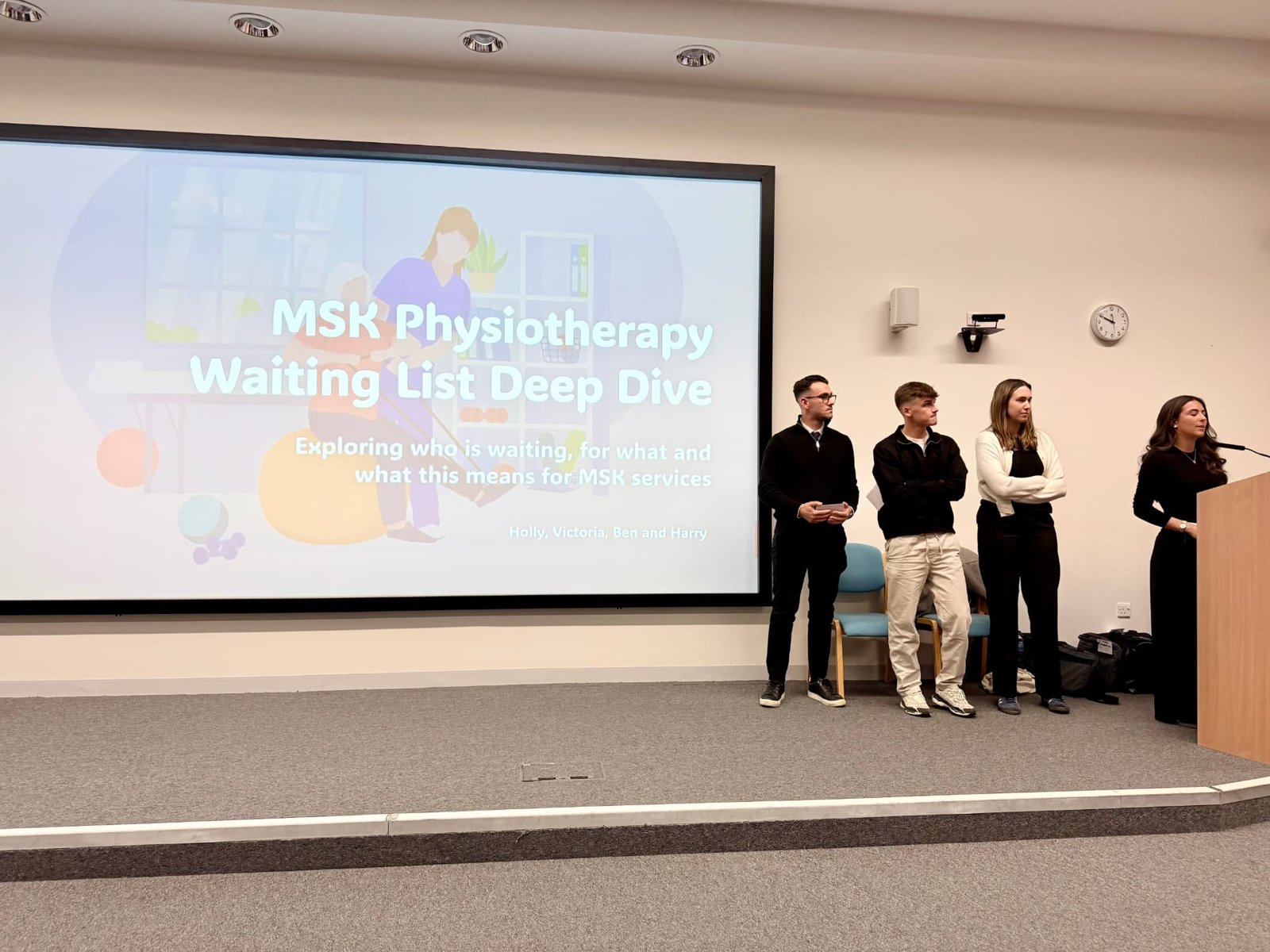 Students Holly, Victoria, Ben and Harry presenting their MSK Physiotherapy Waiting List Deep Dive