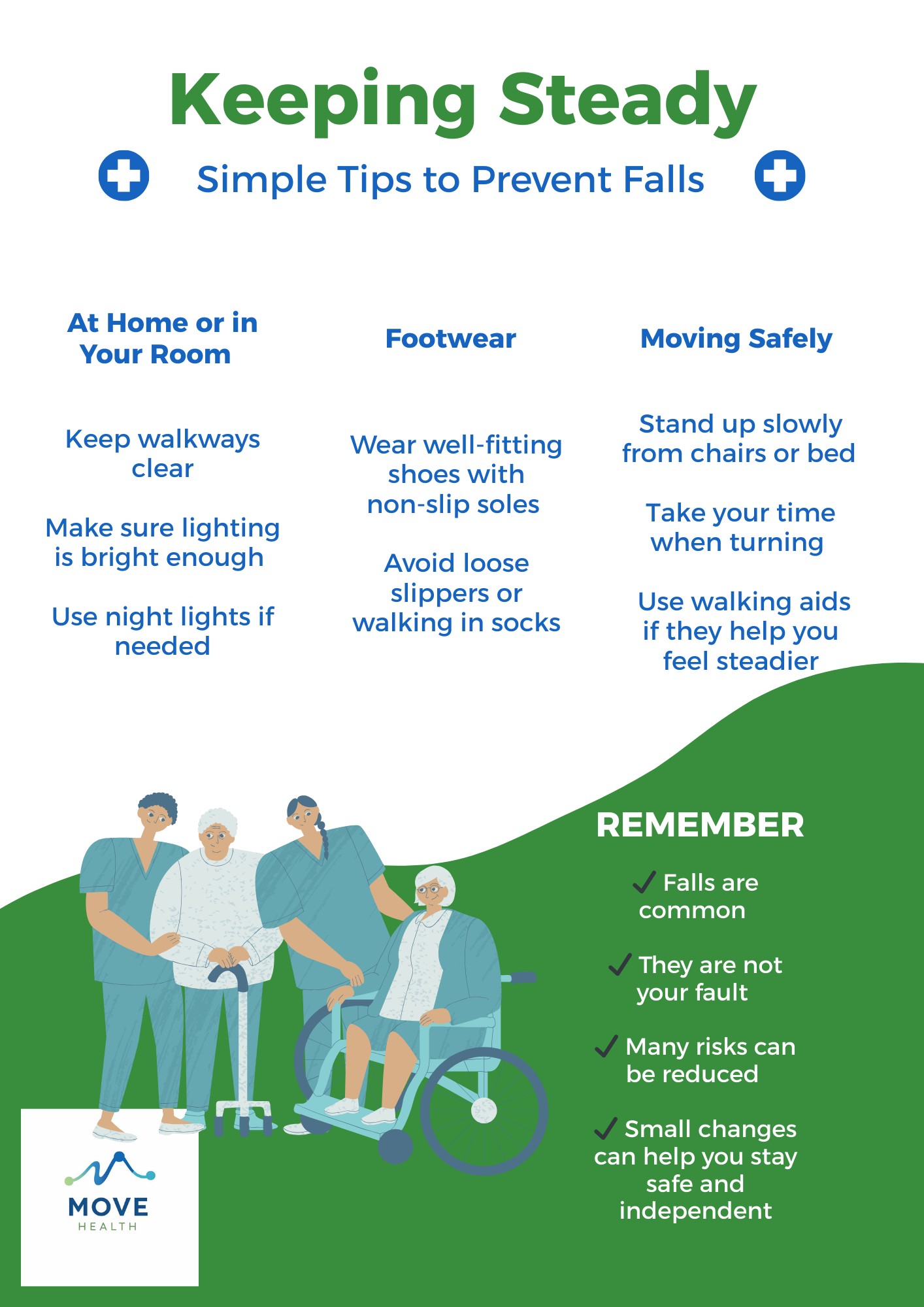 Keeping Steady poster with illustrated tips on footwear, lighting and moving safely